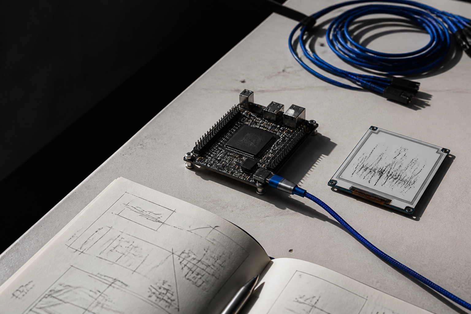 Mesa técnica con una placa de desarrollo, una pantalla de tinta electrónica y cables azules