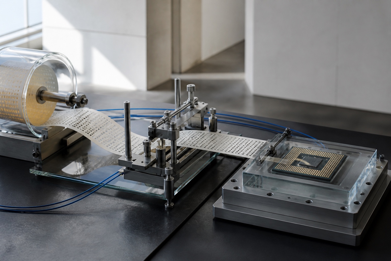 Aparato de laboratorio que conduce una cinta perforada hacia un procesador