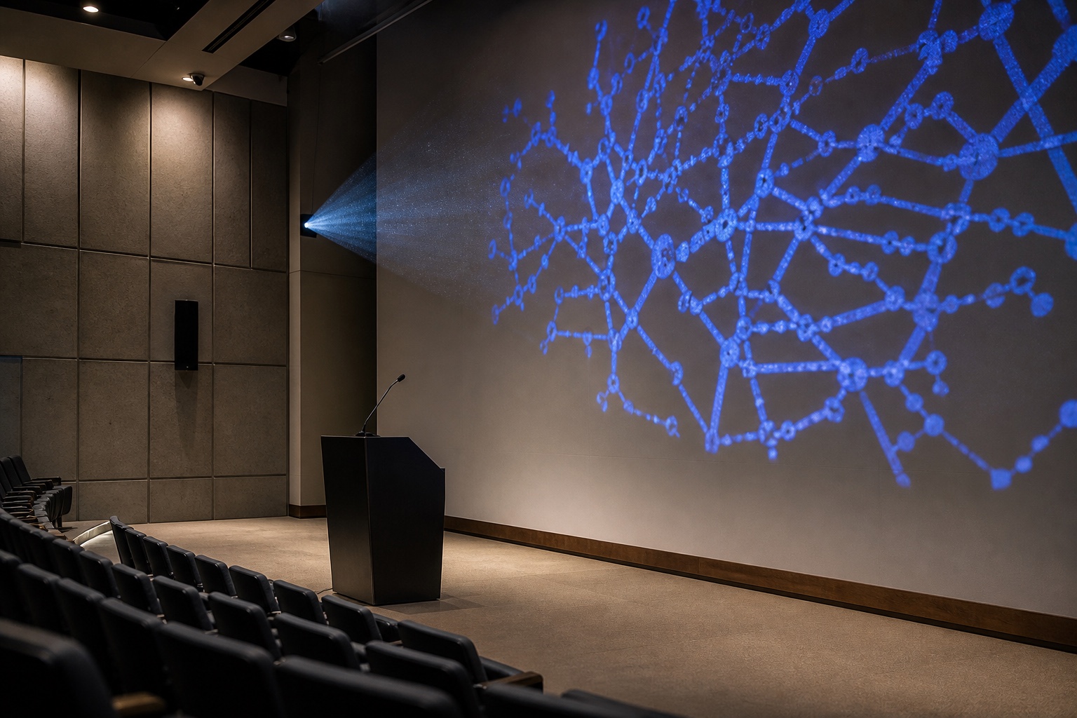 Auditorio preparado para una charla con una red azul proyectada tras el atril